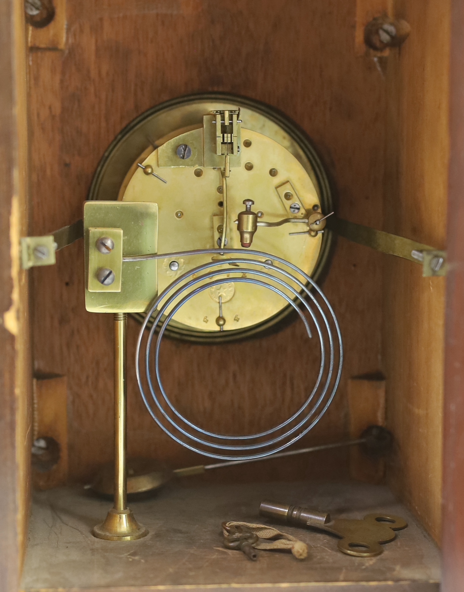 A late 19th century French ormolu mounted mahogany and shibayama style mantel clock, in the Japanese taste, 26cm wide, 23cm deep, 45cm high